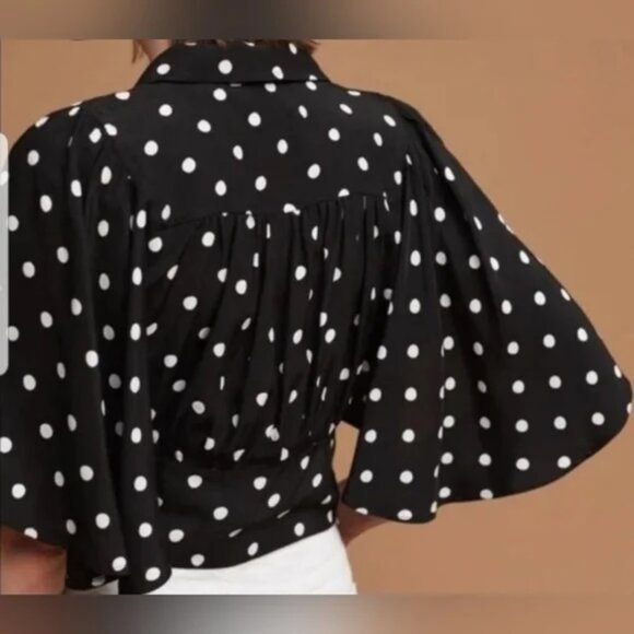 Maeve Anthropologie Polka Dot Flutter Sleeve Tie Front Waist Retro Crop Top - Picture 3 of 4